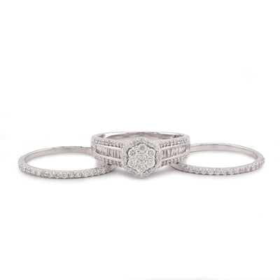 14K White Gold 1CT Natural Diamond Flower Cluster Centre Halo Baguette Women Wedding Ring w/ Band