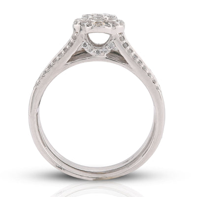 14K White Gold 1CT Natural Diamond Flower Cluster Centre Halo Baguette Women Wedding Ring w/ Band