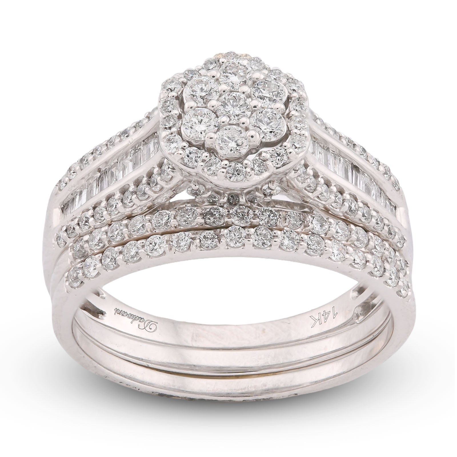 14K White Gold 1CT Natural Diamond Flower Cluster Centre Halo Baguette Women Wedding Ring w/ Band