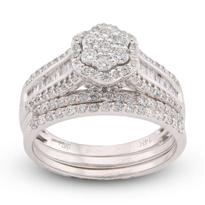 14K White Gold 1CT Natural Diamond Flower Cluster Centre Halo Baguette Women Wedding Ring w/ Band