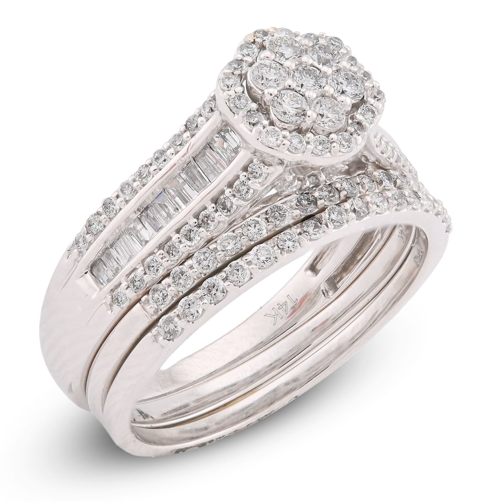 14K White Gold 1CT Natural Diamond Flower Cluster Centre Halo Baguette Women Wedding Ring w/ Band