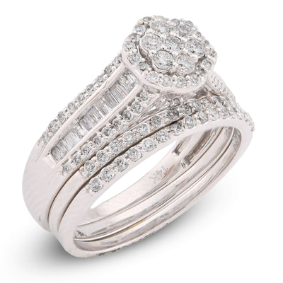 14K White Gold 1CT Natural Diamond Flower Cluster Centre Halo Baguette Women Wedding Ring w/ Band