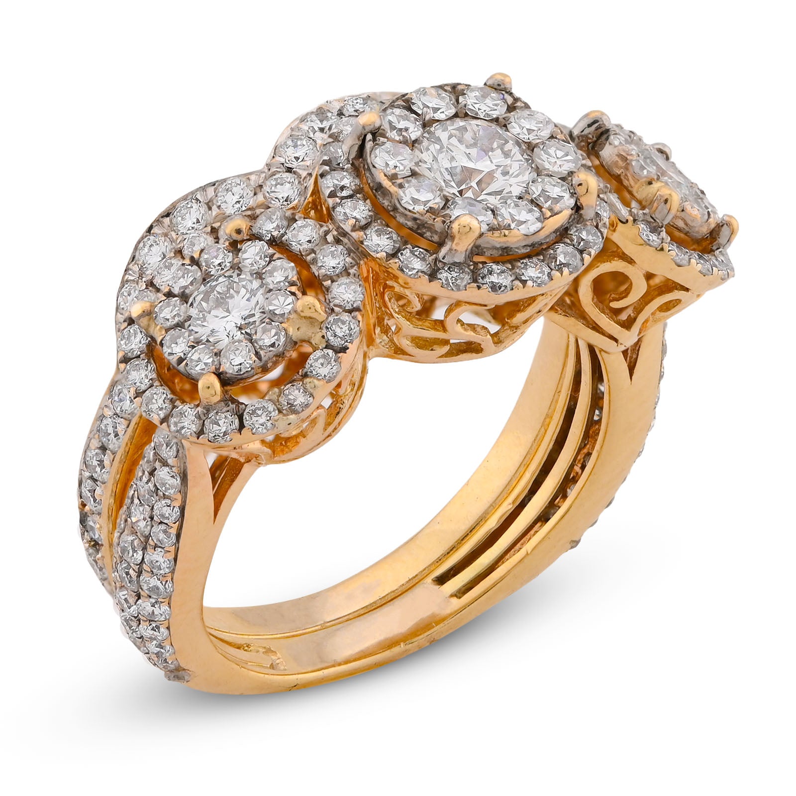14K Yellow Gold 5CT Natural Diamond 3 Circular Round Flower Cluster Women Ring