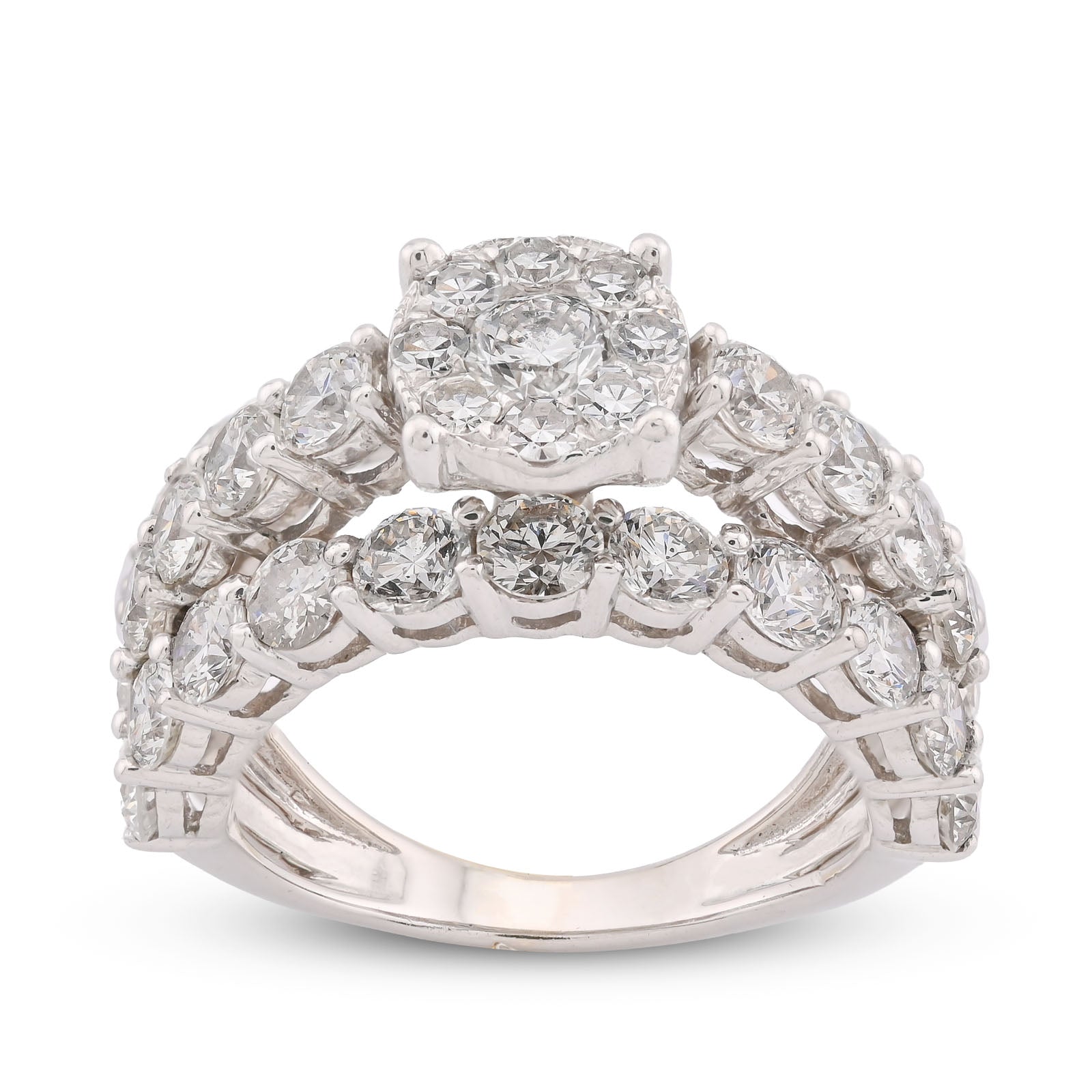14K White Gold 4.8CT Natural Diamond Round Centre 3 Row Women Ring