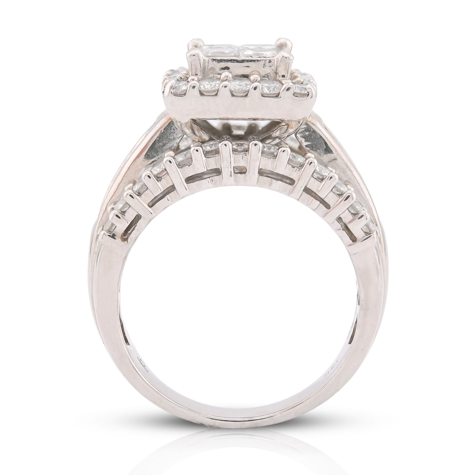14K White Gold 2.56CT Natural Diamond Princess Centre Square Halo Three Row Women Ring