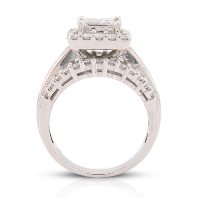 14K White Gold 2.56CT Natural Diamond Princess Centre Square Halo Three Row Women Ring