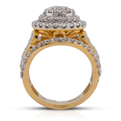 14K Yellow Gold 3CT Halo Cluster Round Centre Natural Diamond Multi Row Women Ring