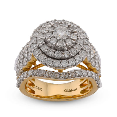 14K Yellow Gold 3CT Halo Cluster Round Centre Natural Diamond Multi Row Women Ring