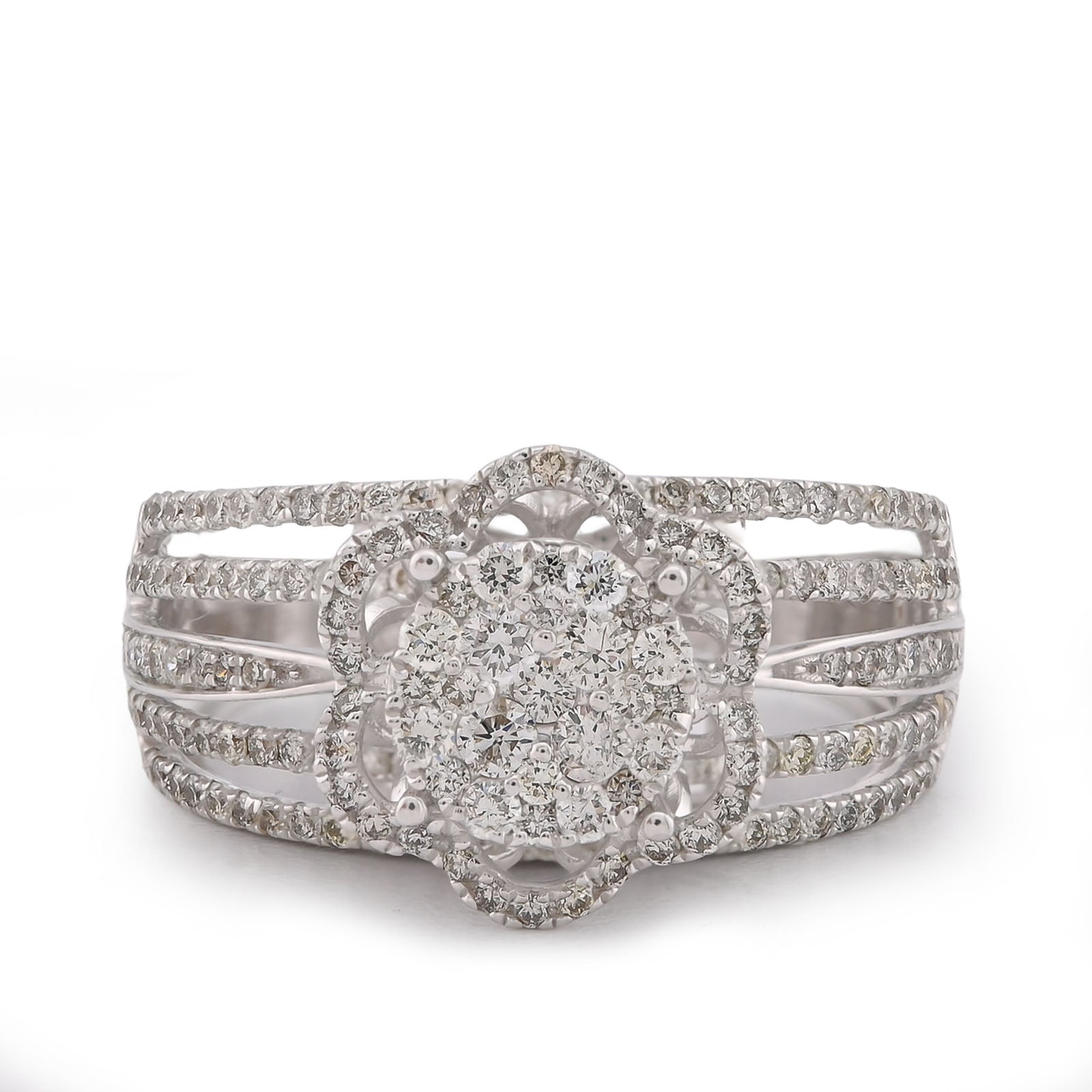 14K White Gold 0.99CT Flower Shape Multi Row Band Natural Diamond Women Ring
