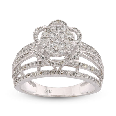 14K White Gold 0.99CT Flower Shape Multi Row Band Natural Diamond Women Ring