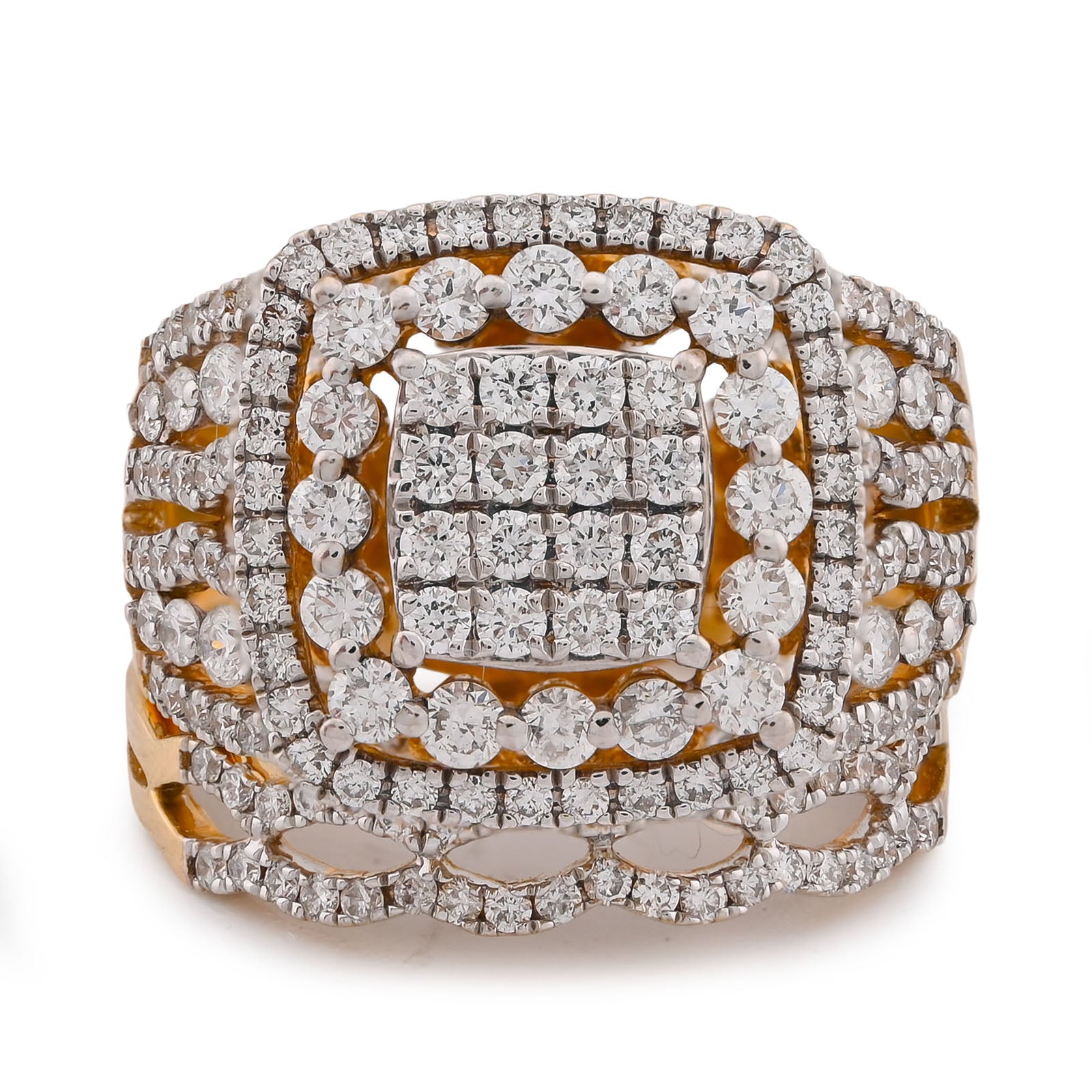 Square Shape Halo Multi Row Women 1.5CT Natural Diamond Ring with Band 10K Yellow Gold