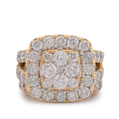 Square Shape Flower Cluster Halo 2 Row Natural Diamond 3.84CT Women Ring with Band 14K Yellow Gold