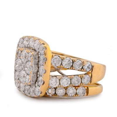 Square Shape Flower Cluster Halo 2 Row Natural Diamond 3.84CT Women Ring with Band 14K Yellow Gold