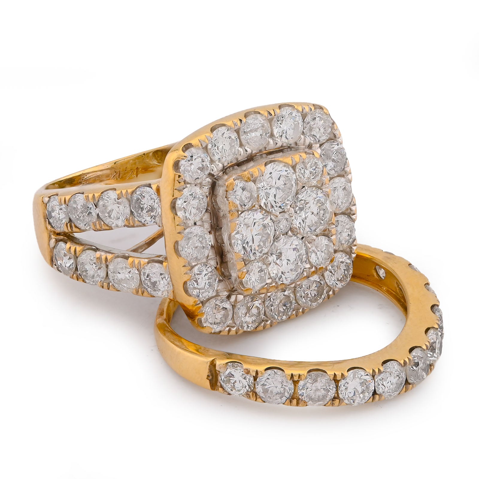 Square Shape Flower Cluster Halo 2 Row Natural Diamond 3.84CT Women Ring with Band 14K Yellow Gold