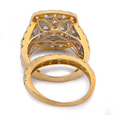 Square Shape Flower Cluster Halo 2 Row Natural Diamond 3.84CT Women Ring with Band 14K Yellow Gold
