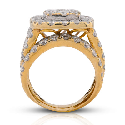 Square Shape Flower Cluster Halo 2 Row Natural Diamond 3.84CT Women Ring with Band 14K Yellow Gold