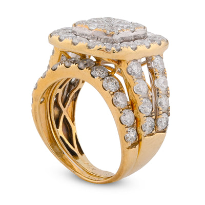 Square Shape Flower Cluster Halo 2 Row Natural Diamond 3.84CT Women Ring with Band 14K Yellow Gold