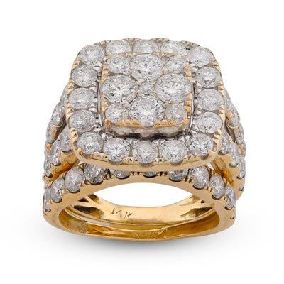 Square Shape Flower Cluster Halo 2 Row Natural Diamond 3.84CT Women Ring with Band 14K Yellow Gold