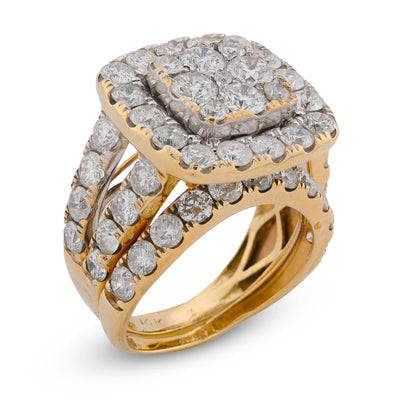 Square Shape Flower Cluster Halo 2 Row Natural Diamond 3.84CT Women Ring with Band 14K Yellow Gold