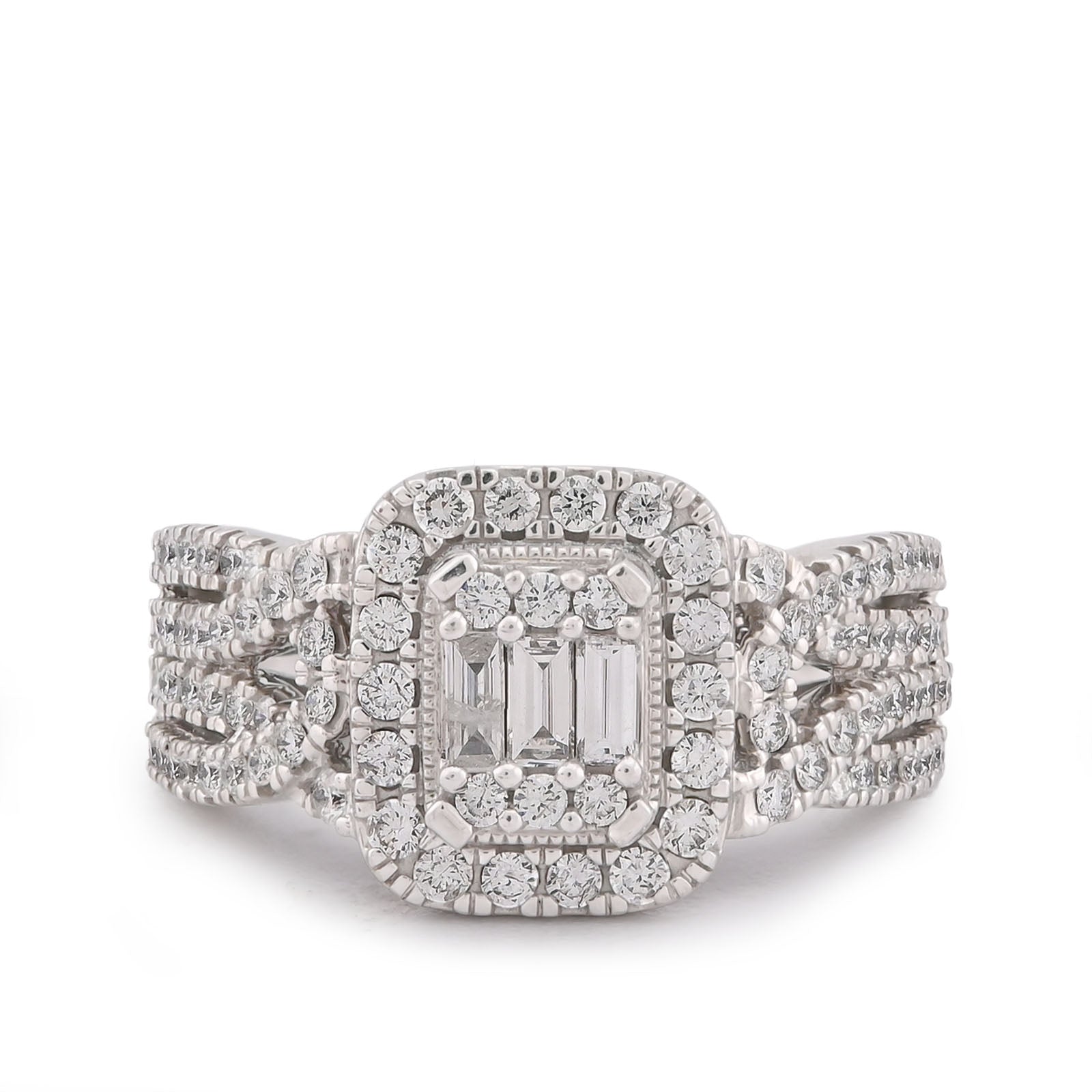 Rectangular Shape Baguette Centre Halo Natural Diamond 0.875CT Women Ring 14K White Gold