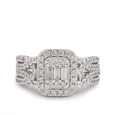 Rectangular Shape Baguette Centre Halo Natural Diamond 0.875CT Women Ring 14K White Gold