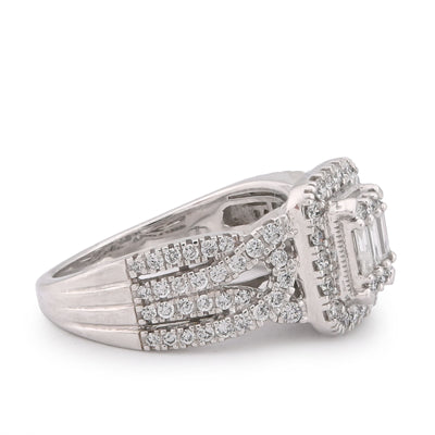 Rectangular Shape Baguette Centre Halo Natural Diamond 0.875CT Women Ring 14K White Gold