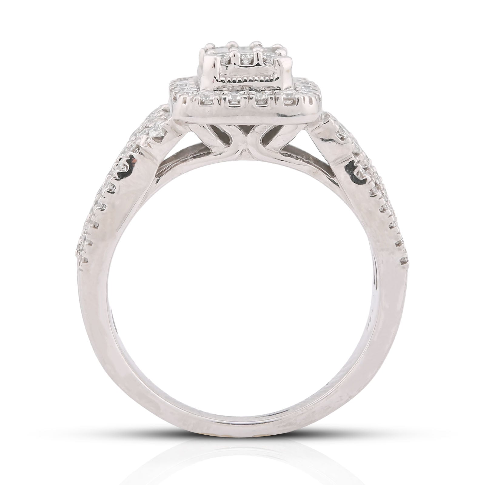 Rectangular Shape Baguette Centre Halo Natural Diamond 0.875CT Women Ring 14K White Gold