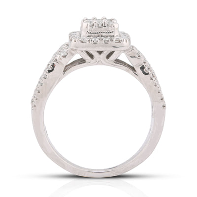 Rectangular Shape Baguette Centre Halo Natural Diamond 0.875CT Women Ring 14K White Gold