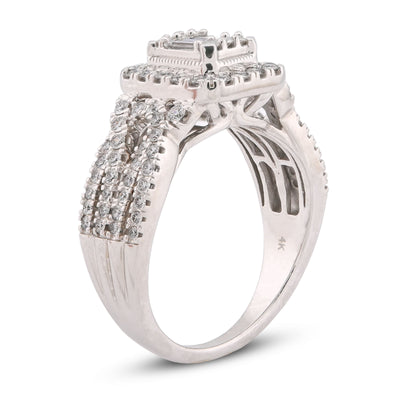 Rectangular Shape Baguette Centre Halo Natural Diamond 0.875CT Women Ring 14K White Gold