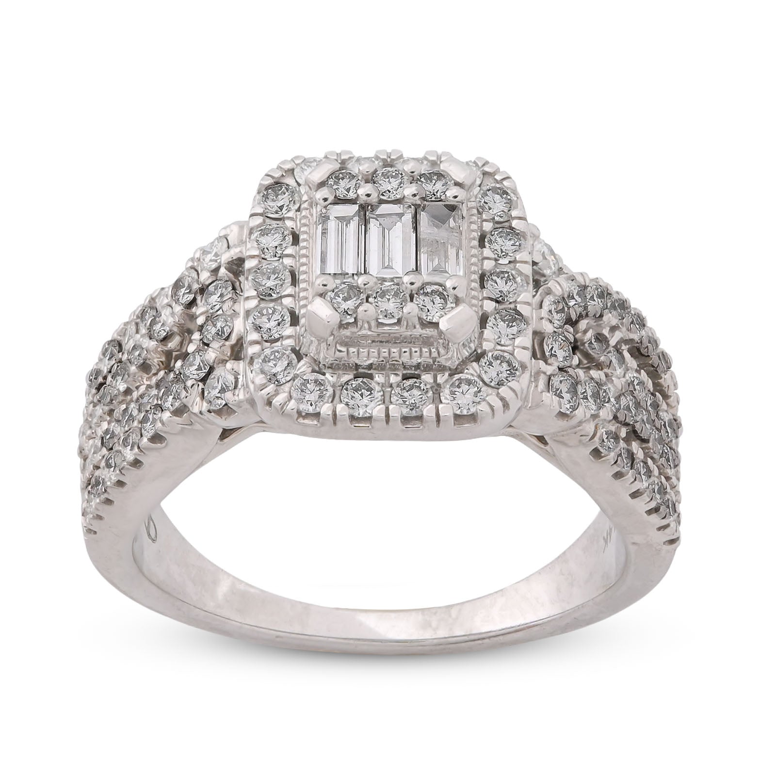 Rectangular Shape Baguette Centre Halo Natural Diamond 0.875CT Women Ring 14K White Gold
