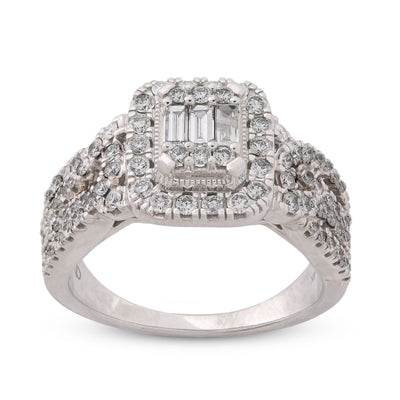 Rectangular Shape Baguette Centre Halo Natural Diamond 0.875CT Women Ring 14K White Gold