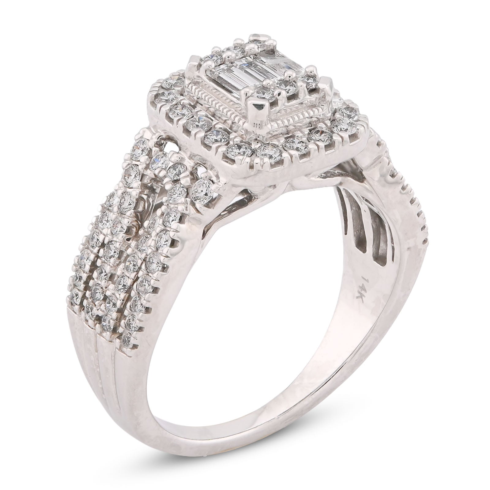 Rectangular Shape Baguette Centre Halo Natural Diamond 0.875CT Women Ring 14K White Gold