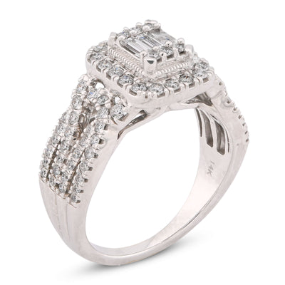 Rectangular Shape Baguette Centre Halo Natural Diamond 0.875CT Women Ring 14K White Gold