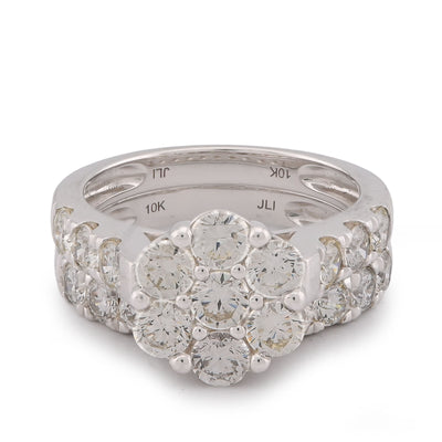 7 Stone Flower Cluster Natural Diamond 2.94CT Women Ring with Band 14K White Gold