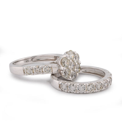 7 Stone Flower Cluster Natural Diamond 2.94CT Women Ring with Band 14K White Gold