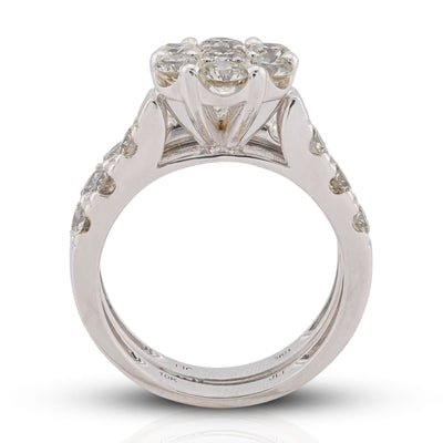7 Stone Flower Cluster Natural Diamond 2.94CT Women Ring with Band 14K White Gold