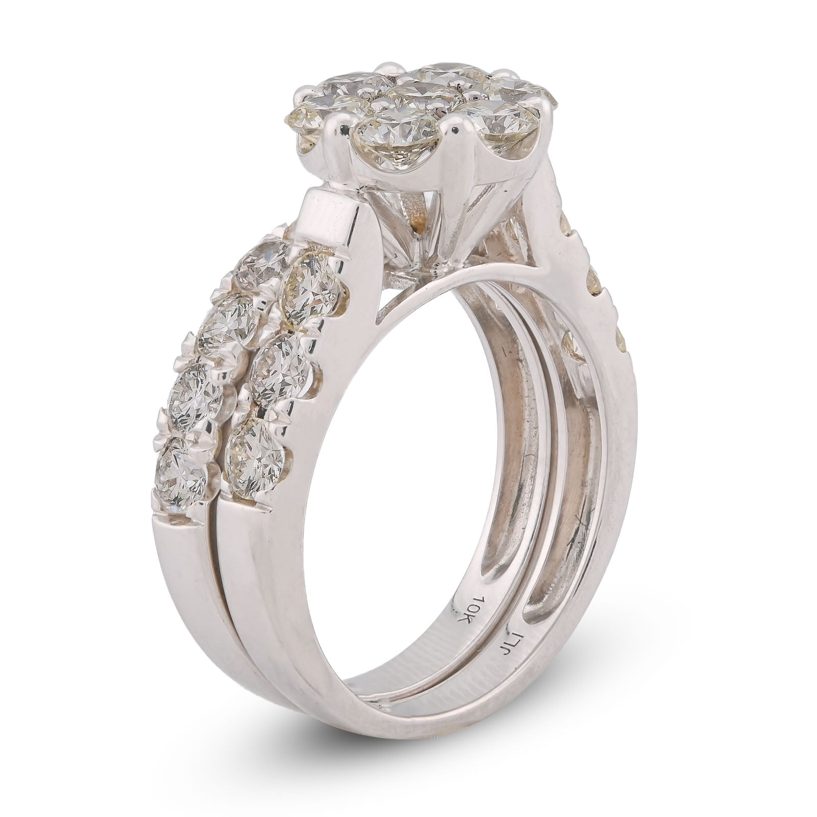 7 Stone Flower Cluster Natural Diamond 2.94CT Women Ring with Band 14K White Gold