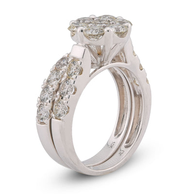 7 Stone Flower Cluster Natural Diamond 2.94CT Women Ring with Band 14K White Gold