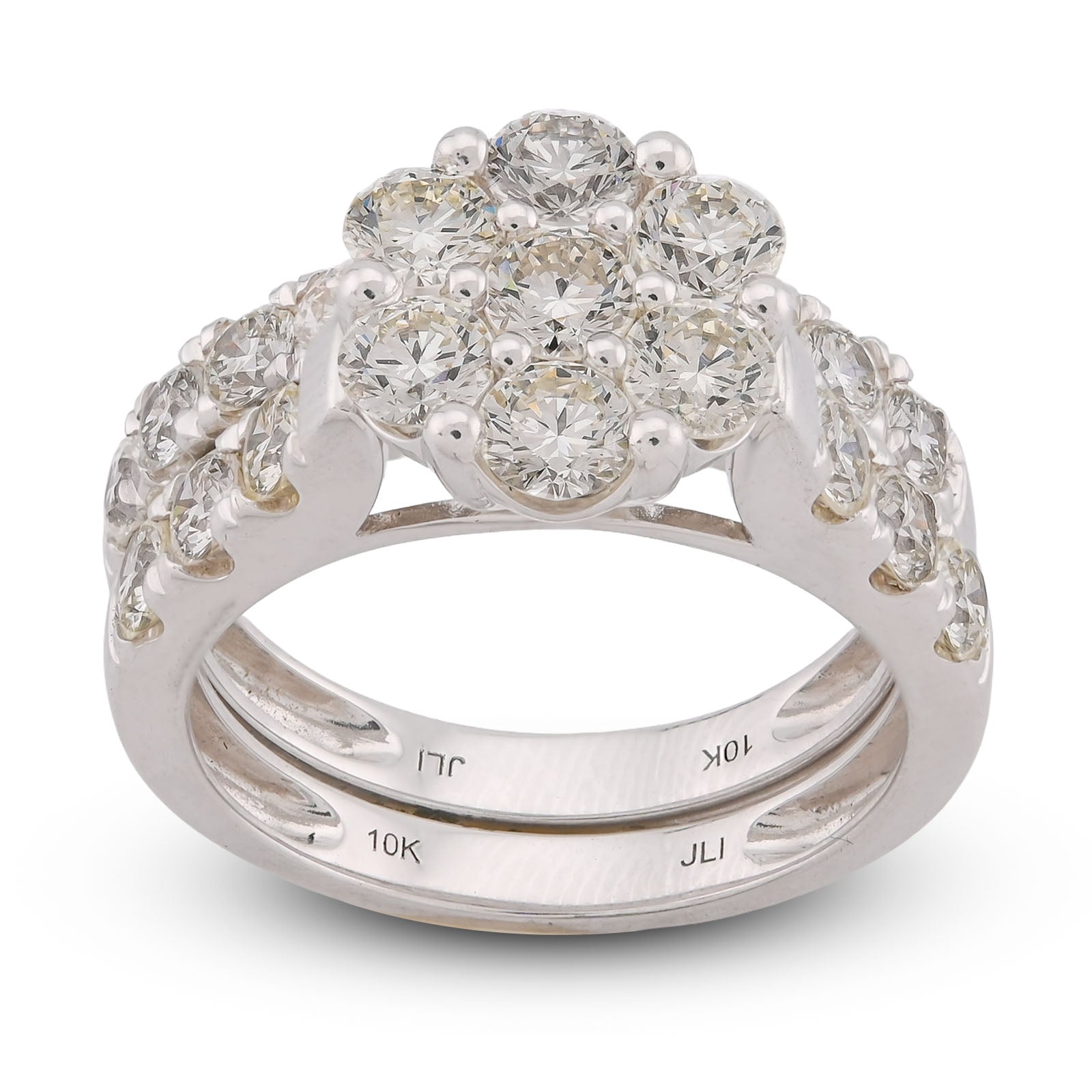 7 Stone Flower Cluster Natural Diamond 2.94CT Women Ring with Band 14K White Gold