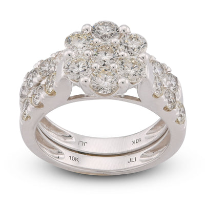 7 Stone Flower Cluster Natural Diamond 2.94CT Women Ring with Band 14K White Gold