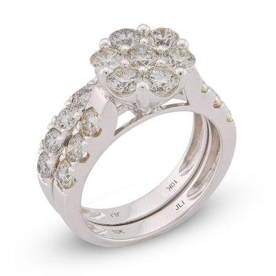 7 Stone Flower Cluster Natural Diamond 2.94CT Women Ring with Band 14K White Gold