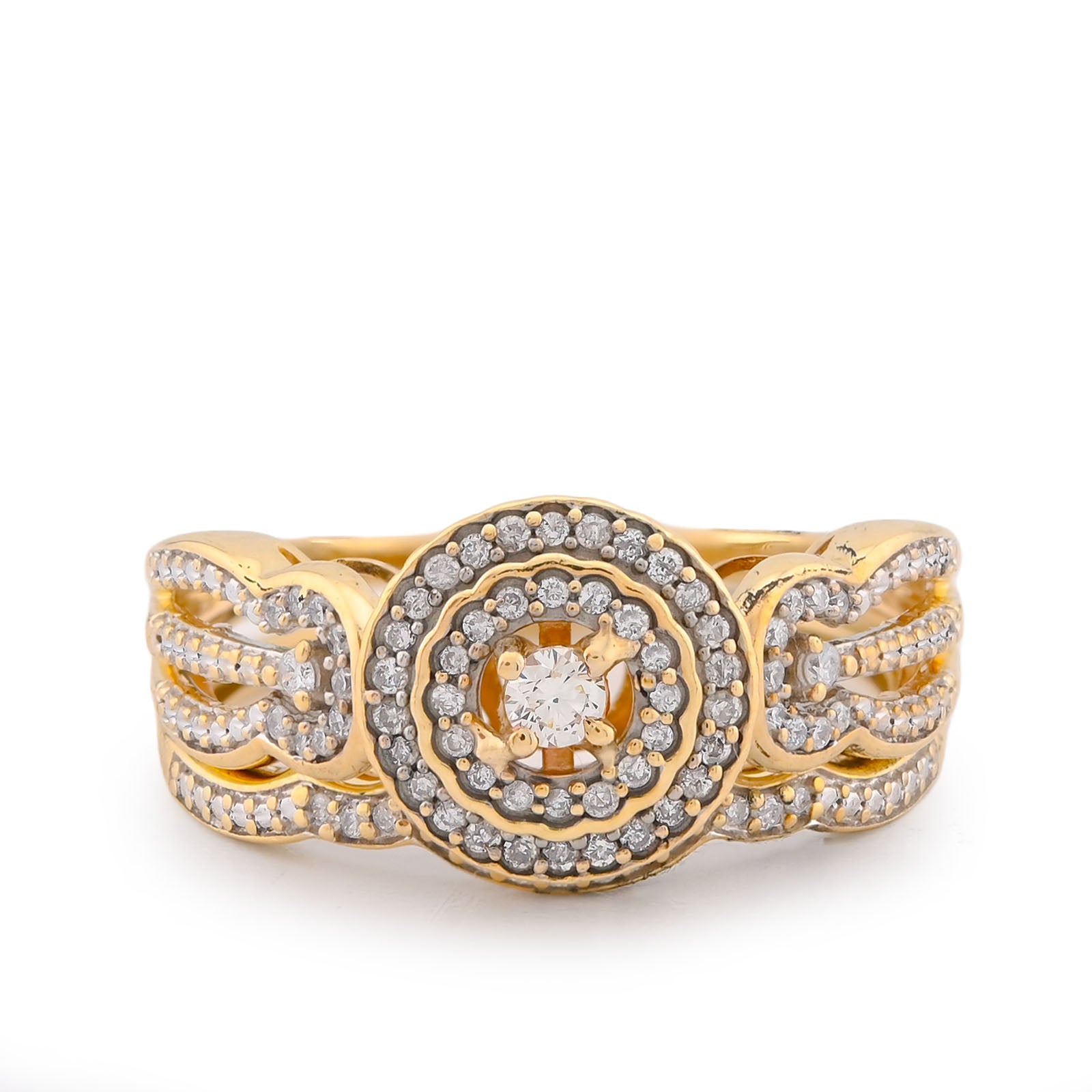 Round Halo Diamond Women Ring with Band Natural 1.29CT 10K Yellow Gold