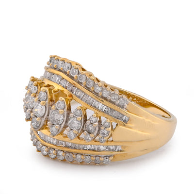 10K Yellow Gold Centre Marquise Shape Five Row 2.5CT Natural Diamond Women Ring