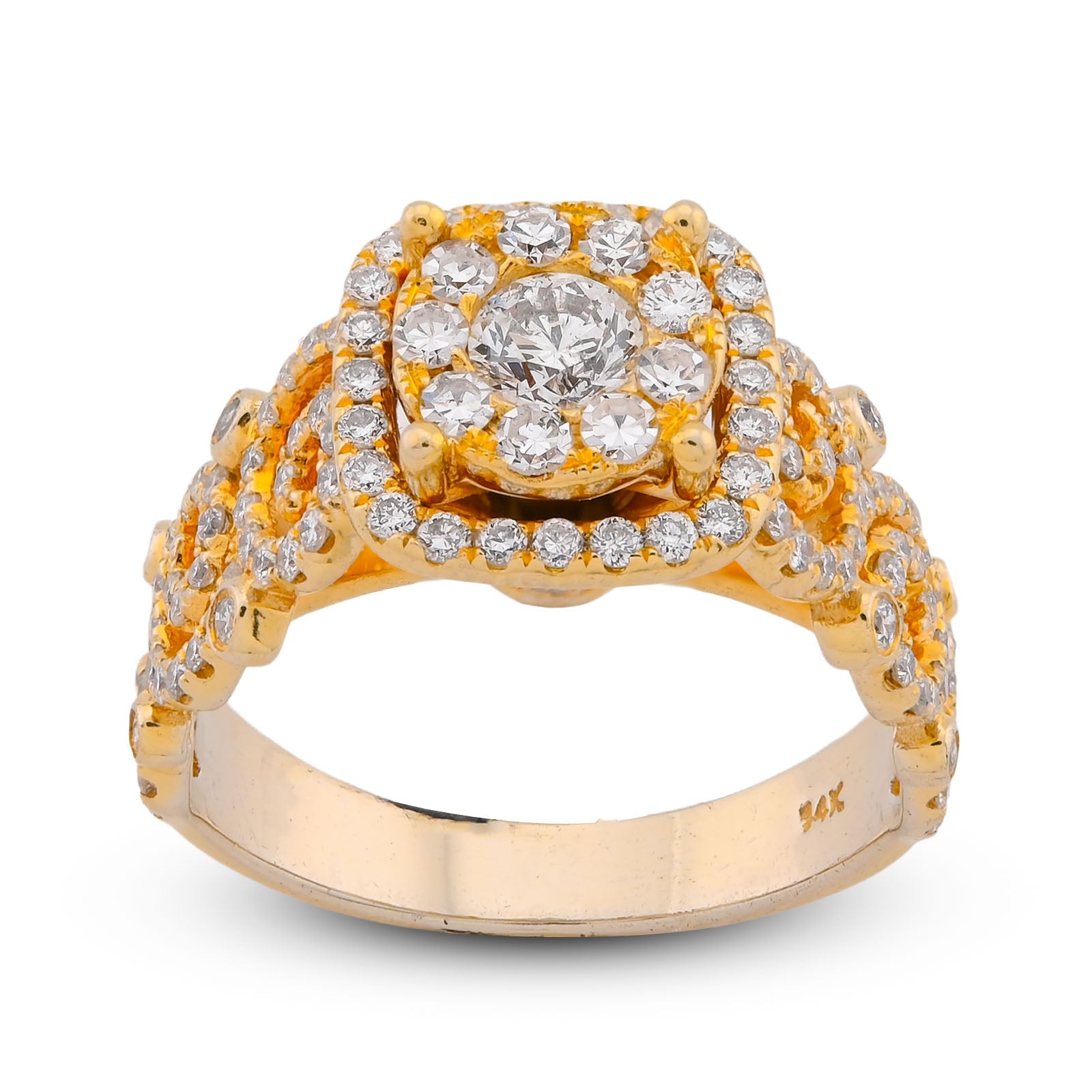 Round Solitaire Rectangular Halo Side Design 2.5CT Natural Diamond Women Ring 14K Yellow Gold