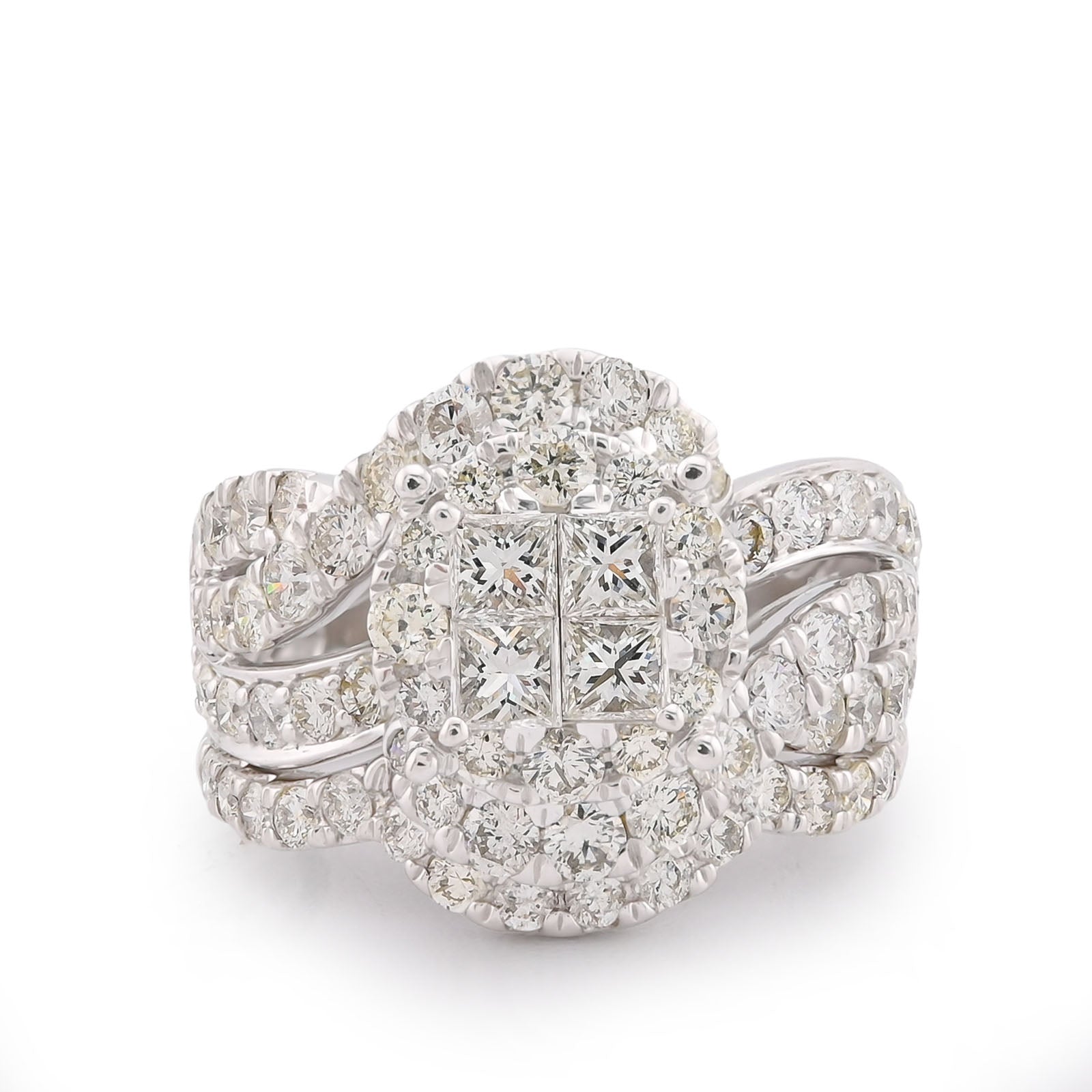 14K White Gold Natural Diamond Halo Flower Cluster Centre Princess Cut 3.13CT Women Ring with Band