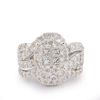 14K White Gold Natural Diamond Halo Flower Cluster Centre Princess Cut 3.13CT Women Ring with Band