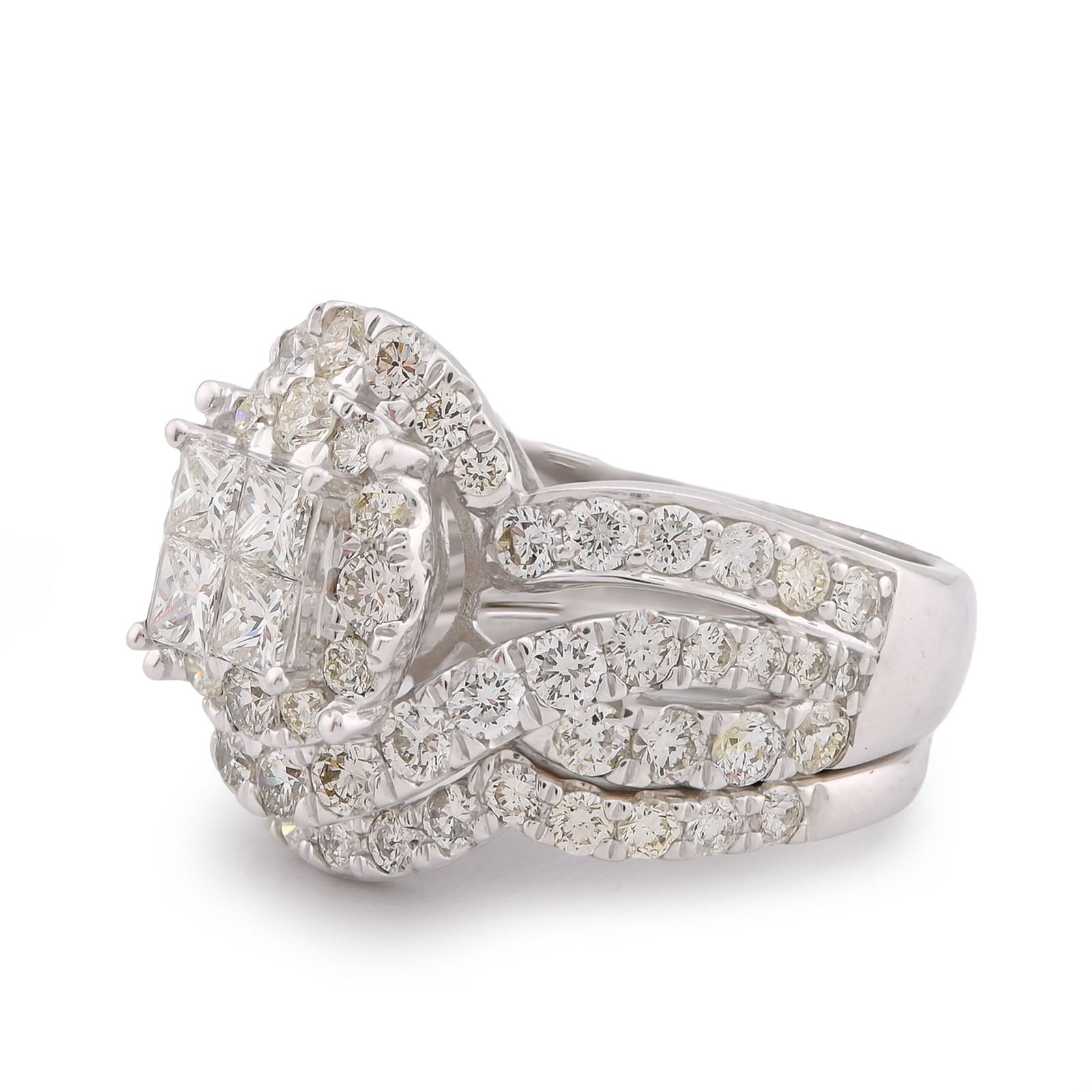 14K White Gold Natural Diamond Halo Flower Cluster Centre Princess Cut 3.13CT Women Ring with Band