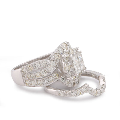 14K White Gold Natural Diamond Halo Flower Cluster Centre Princess Cut 3.13CT Women Ring with Band