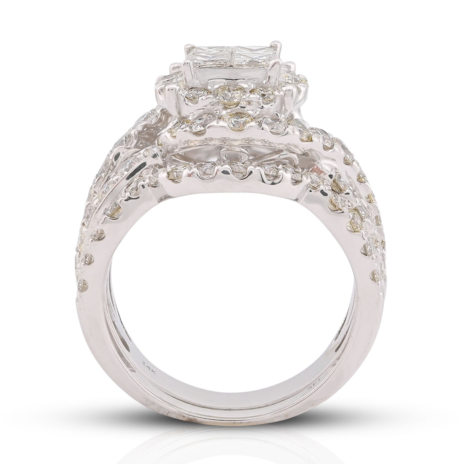 14K White Gold Natural Diamond Halo Flower Cluster Centre Princess Cut 3.13CT Women Ring with Band