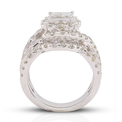 14K White Gold Natural Diamond Halo Flower Cluster Centre Princess Cut 3.13CT Women Ring with Band